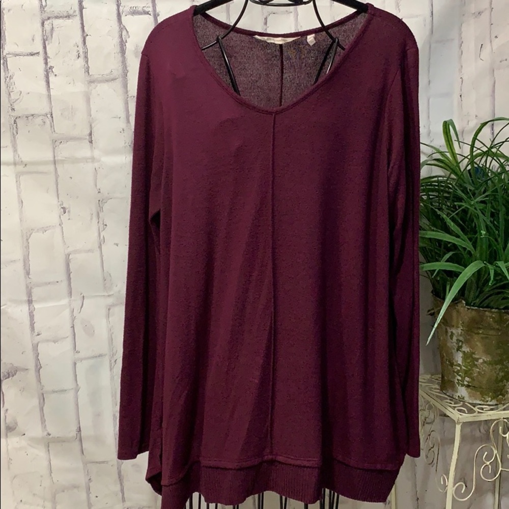 Soft Surroundings Scoop V-Neck Tunic Long Sleeve Heathered Maroon Size L